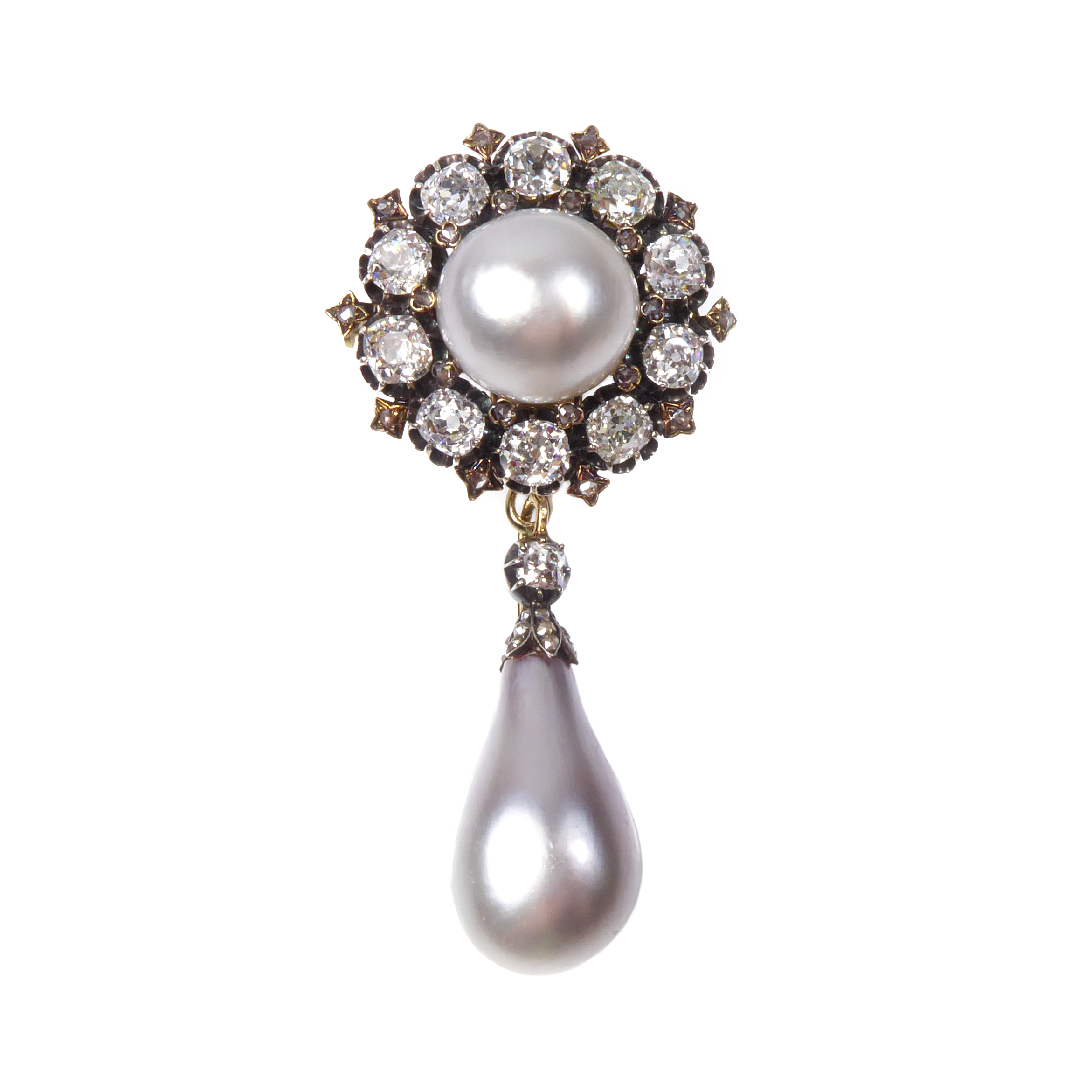 19th century natural pearl and diamond drop cluster pendant-brooch, c.1880,